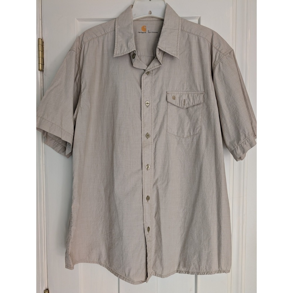 Carhartt Button Up Mens L Beige Tan 100% Cotton Short Sleeve Workwear Work Shirt
